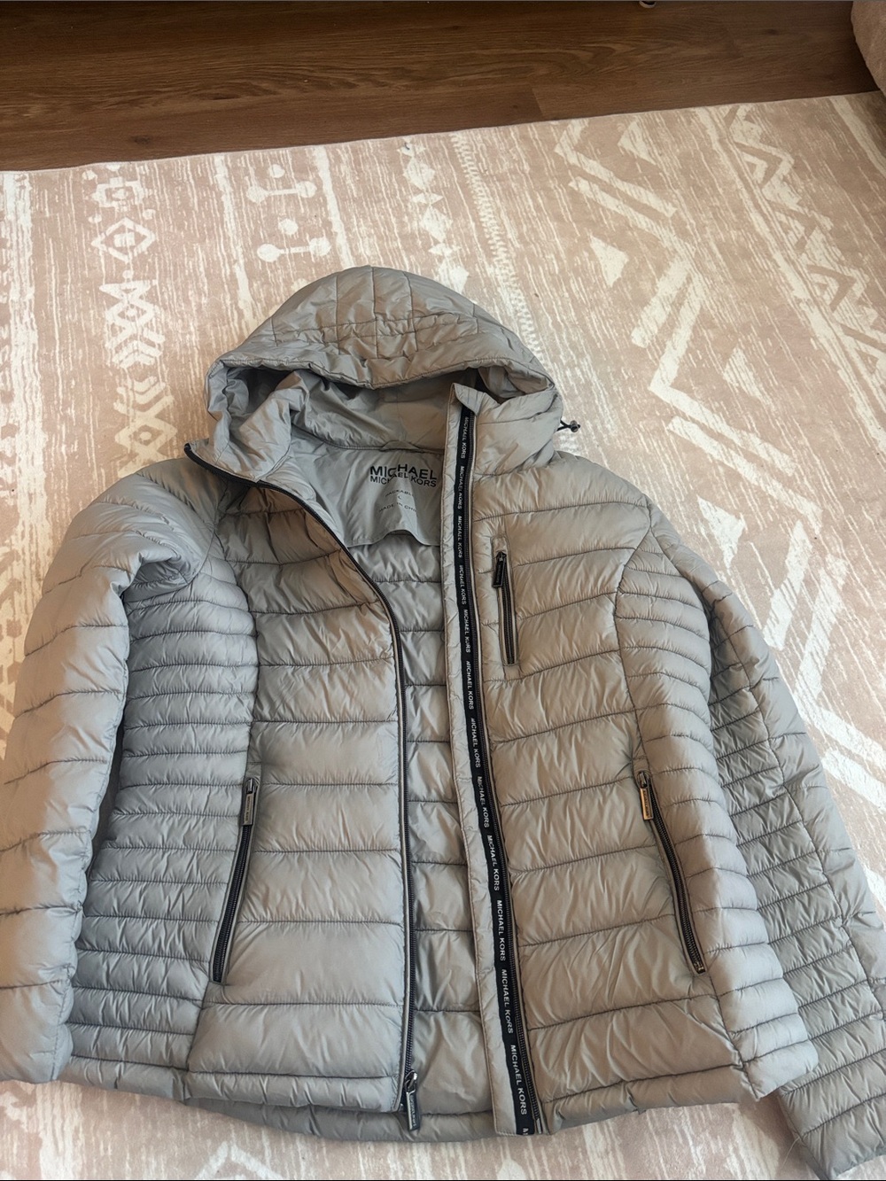 MICHAEL Michael Kors Light Gray Quilted Hooded Puffer